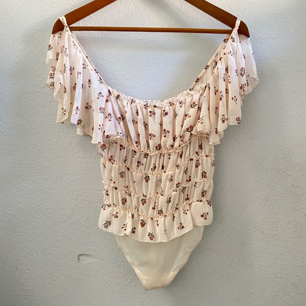 Intimately Free People Floral Smocked Ruffle Off Shoulder Bodysuit Cream XS